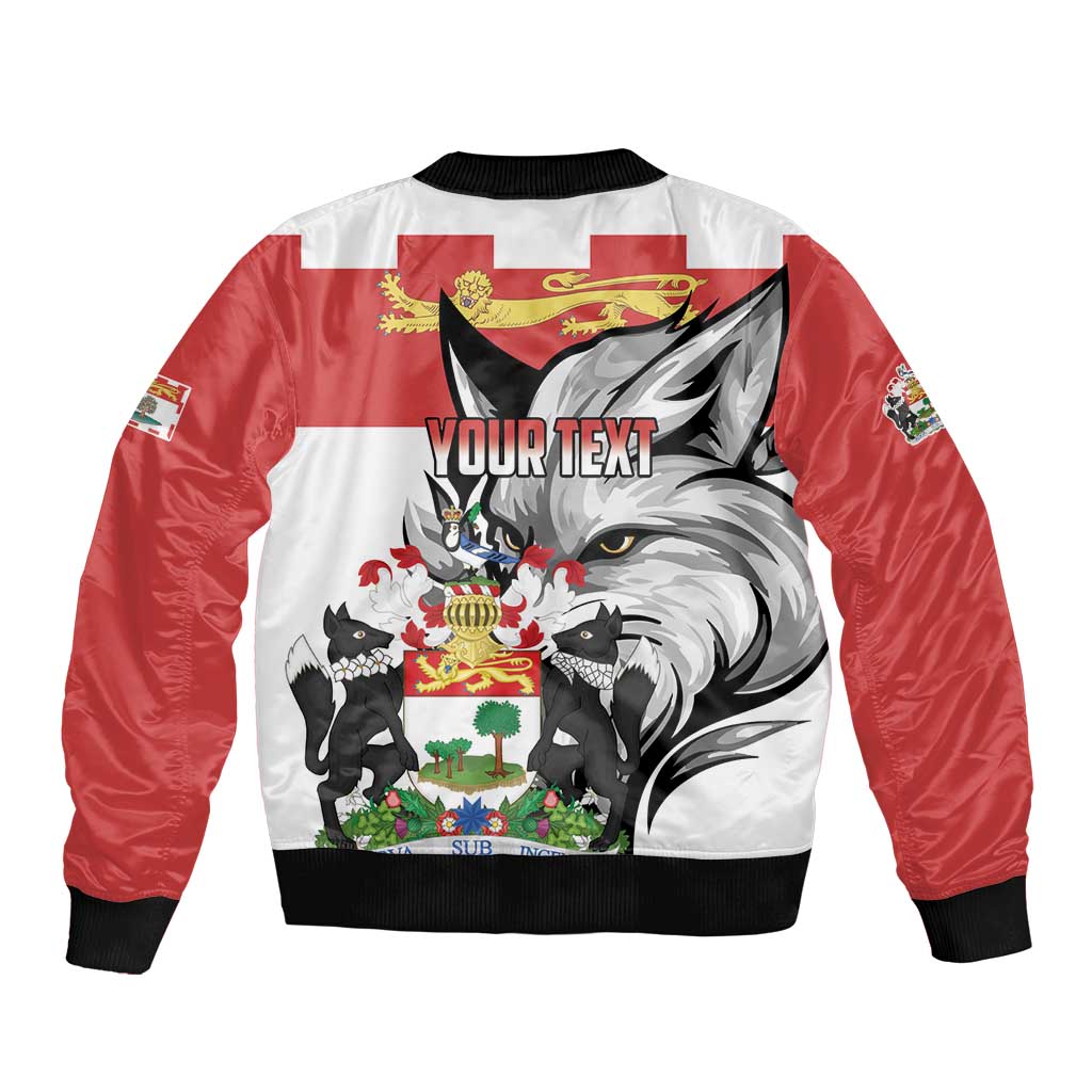 Bomber jacket back with red sleeves, white panel, and eagle crest graphic reading YOUR TEXT.