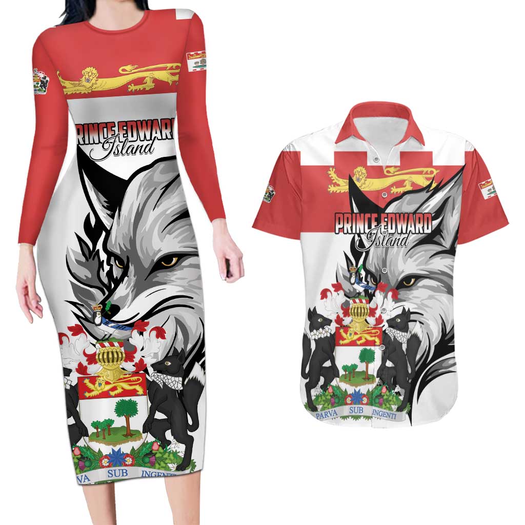 Personalized Canada Prince Edward Island Province Couples Matching Long Sleeve Bodycon Dress and Hawaiian Shirt Silver Fox Parva sub ingenti