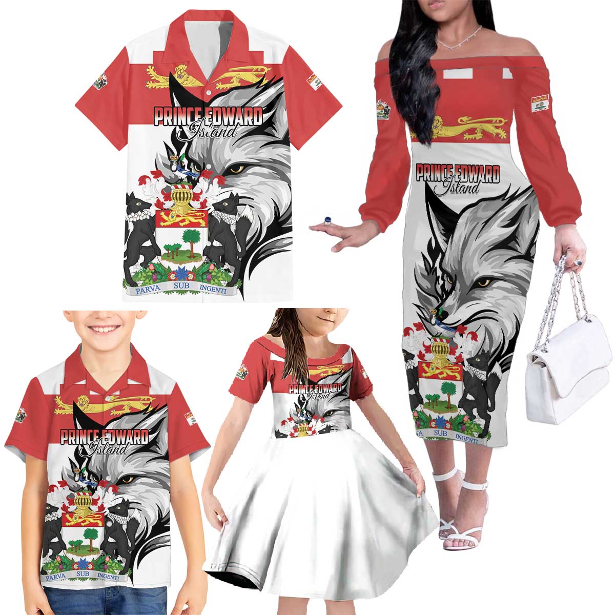 Personalized Canada Prince Edward Island Province Family Matching Off The Shoulder Long Sleeve Dress and Hawaiian Shirt Silver Fox Parva sub ingenti