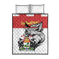 Quilt bed set with two quilted pillows and matching comforter, white with red center and fox graphic