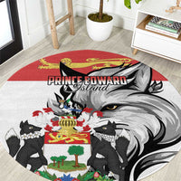 Red and gray illustrated round area rug with crest, lion face, and black cats