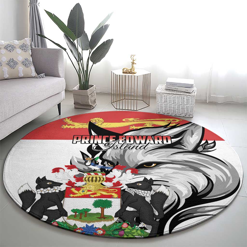 Red and gray round area rug featuring a lion face illustration and crest shield