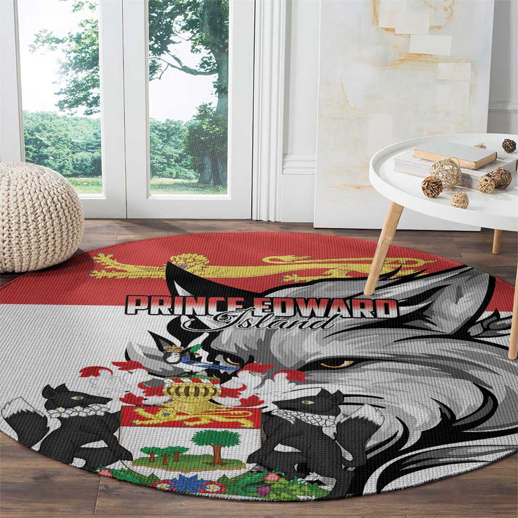 Red and gray round rug with crest design, lion face, and black cat figures