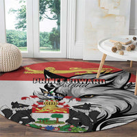 Red and gray round rug with crest design, lion face, and black cat figures