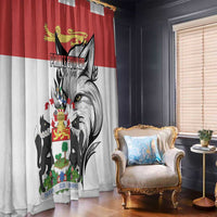 Red and white window curtain with large silver fox graphic and crest
