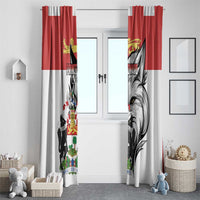 Red and white window curtain panels with silver fox and crest motifs