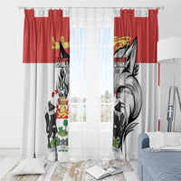 Red and white window curtain panels with silver fox crest print and ring top