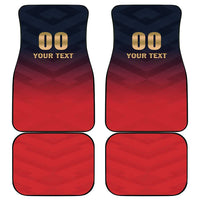 Set of four red and dark-blue car mats with gold “00 YOUR TEXT” text