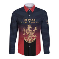 Long-sleeve button cricket shirt in navy and red with crest and Royal Challengers text