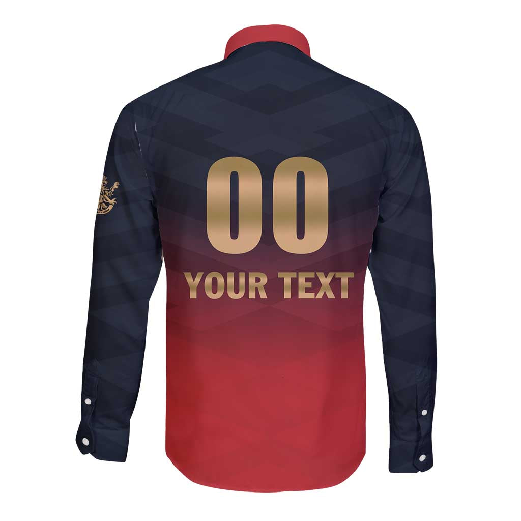 Back view long-sleeve button cricket shirt in navy and red with 00 and YOUR TEXT