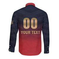 Back view long-sleeve button cricket shirt in navy and red with 00 and YOUR TEXT