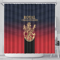 Royal Challengers lion crest shower curtain, dark navy top with red bottom stripe.