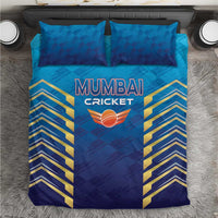 Blue cricket bedding set: Mumbai Cricket logo, chevron stripes, two pillowcases
