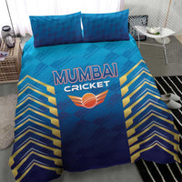 Blue cricket bedding set with Mumbai Cricket logo, wide chevron panels, two pillowcases