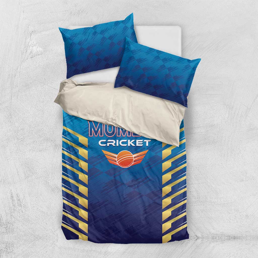 Blue and dark blue cricket bedding set with Mumbai Cricket print, chevron stripes, two pillowcases