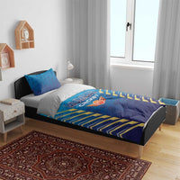 Blue cricket duvet set with Mumbai Cricket logo, chevron stripes, two pillowcases