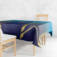 Blue cricket-themed tablecloth with gold angular stripe pattern along table edge