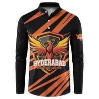 Black and orange cricket button sweatshirt with Hyderabad Orange Army crest and bird graphic