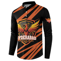 Black and orange cricket button sweatshirt with bird crest and Hyderabad Orange Army print