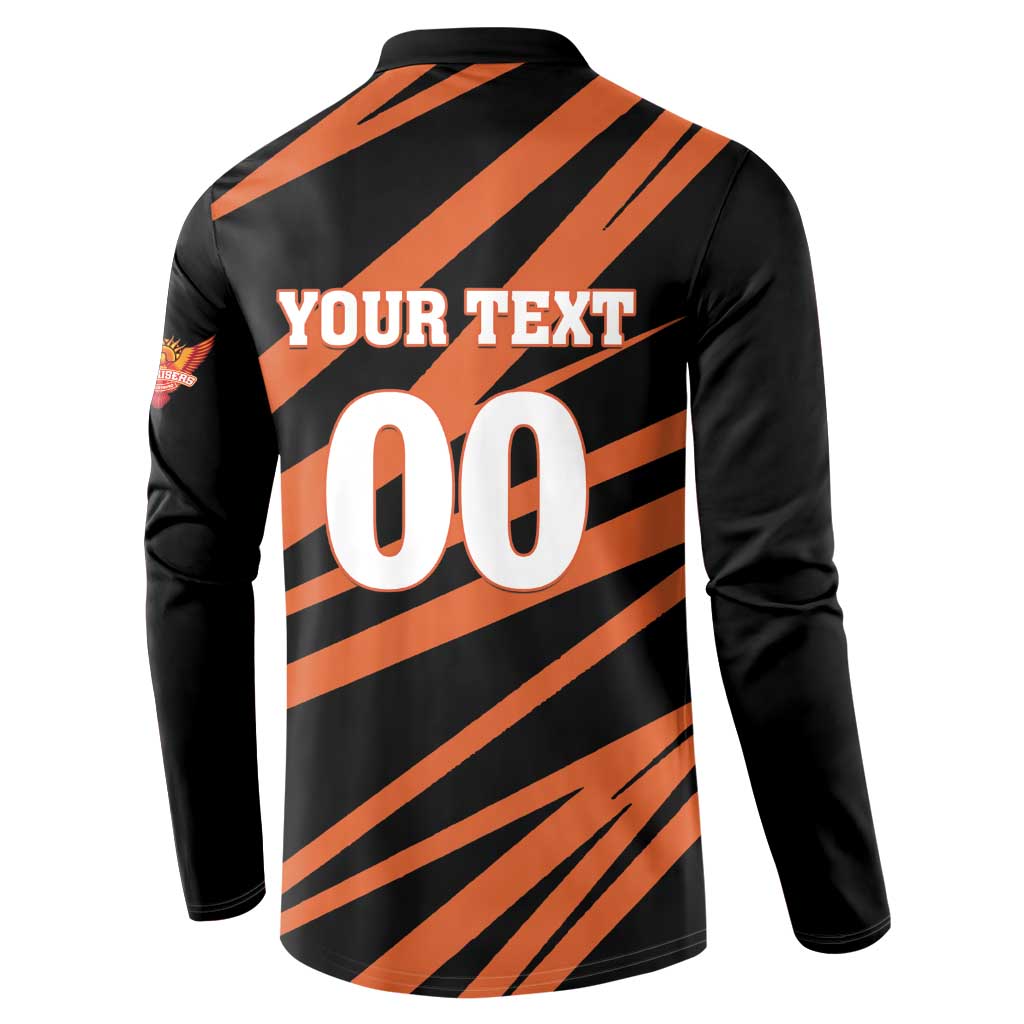 Back print 'YOUR TEXT 00' on black and orange striped cricket button sweatshirt