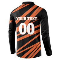 Back print 'YOUR TEXT 00' on black and orange striped cricket button sweatshirt