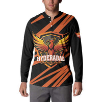 Mens black and orange cricket button sweatshirt with Hyderabad Orange Army crest