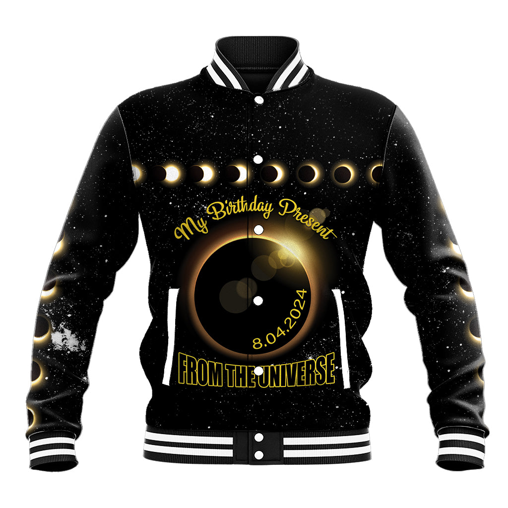 Black personalized baseball jacket with birthday present text and 2024 eclipse graphic
