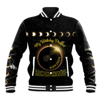 Black personalized baseball jacket with birthday present text and 2024 eclipse graphic