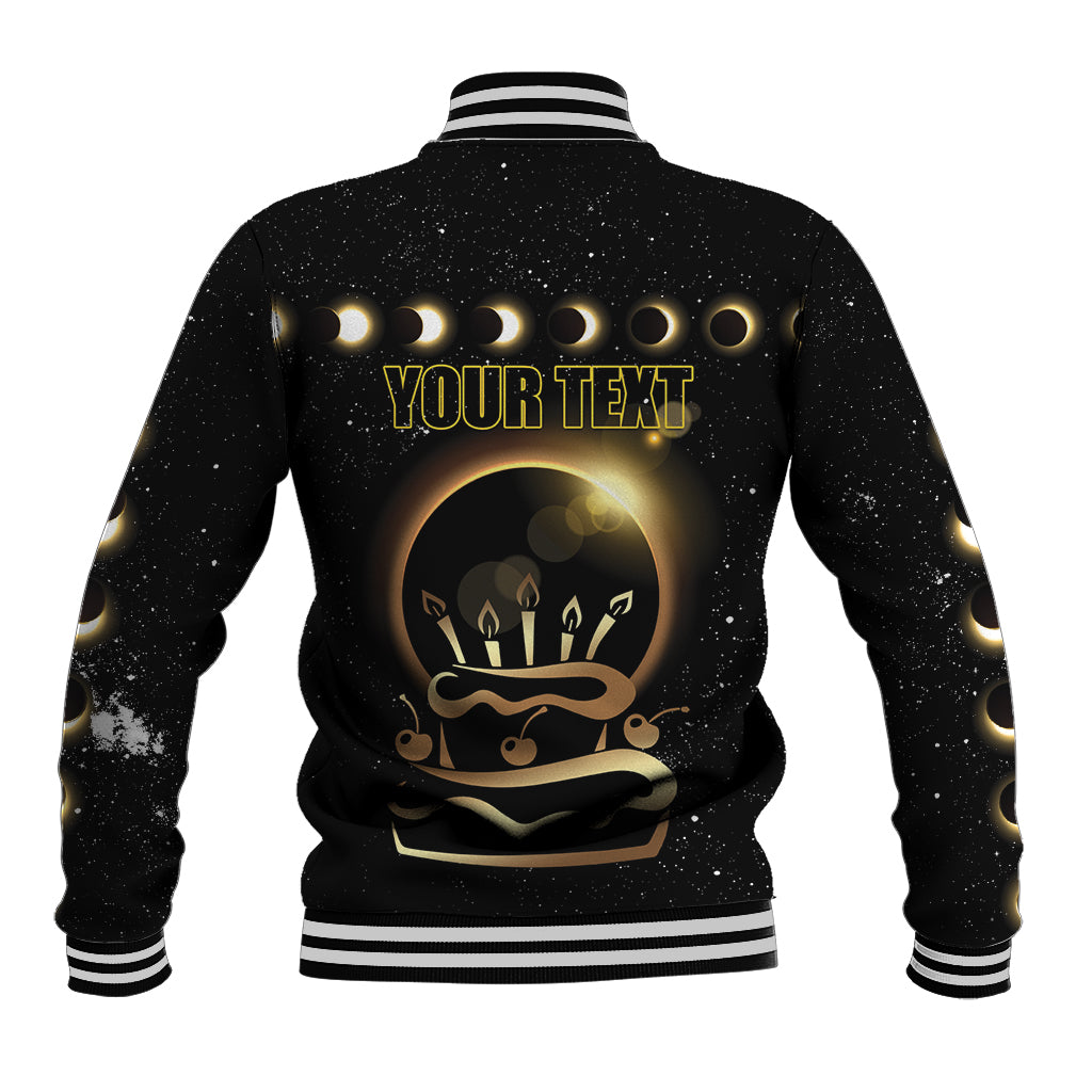 Black baseball jacket back with "YOUR TEXT" and solar eclipse candle graphic
