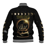 Black baseball jacket back with "YOUR TEXT" and solar eclipse candle graphic