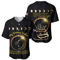 Two black baseball jerseys with eclipse designs, 'My Birthday Present' and 'YOUR TEXT'