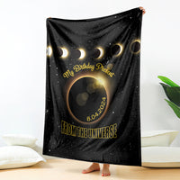 Black eclipse throw blanket featuring gold “my Birthday Present” and date 8.04.2024