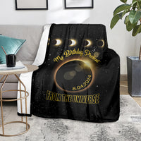Black eclipse throw blanket with gold birthday message, date 8.04.2024, and planet graphic