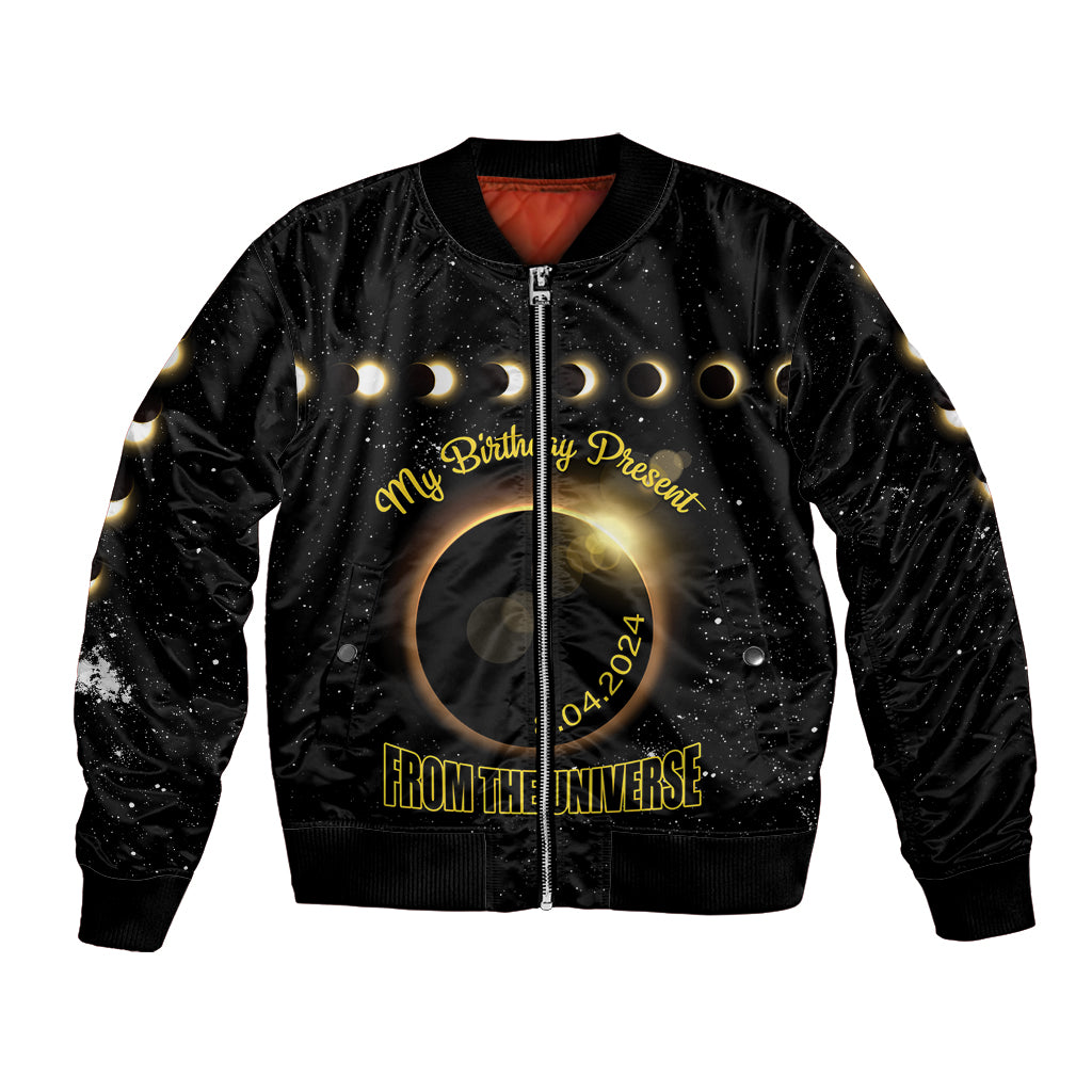 Black bomber jacket with starry eclipse zip front and 'FROM THE UNIVERSE' print