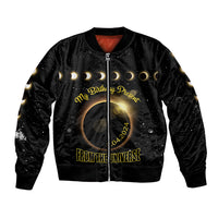 Black bomber jacket with starry eclipse zip front and 'FROM THE UNIVERSE' print