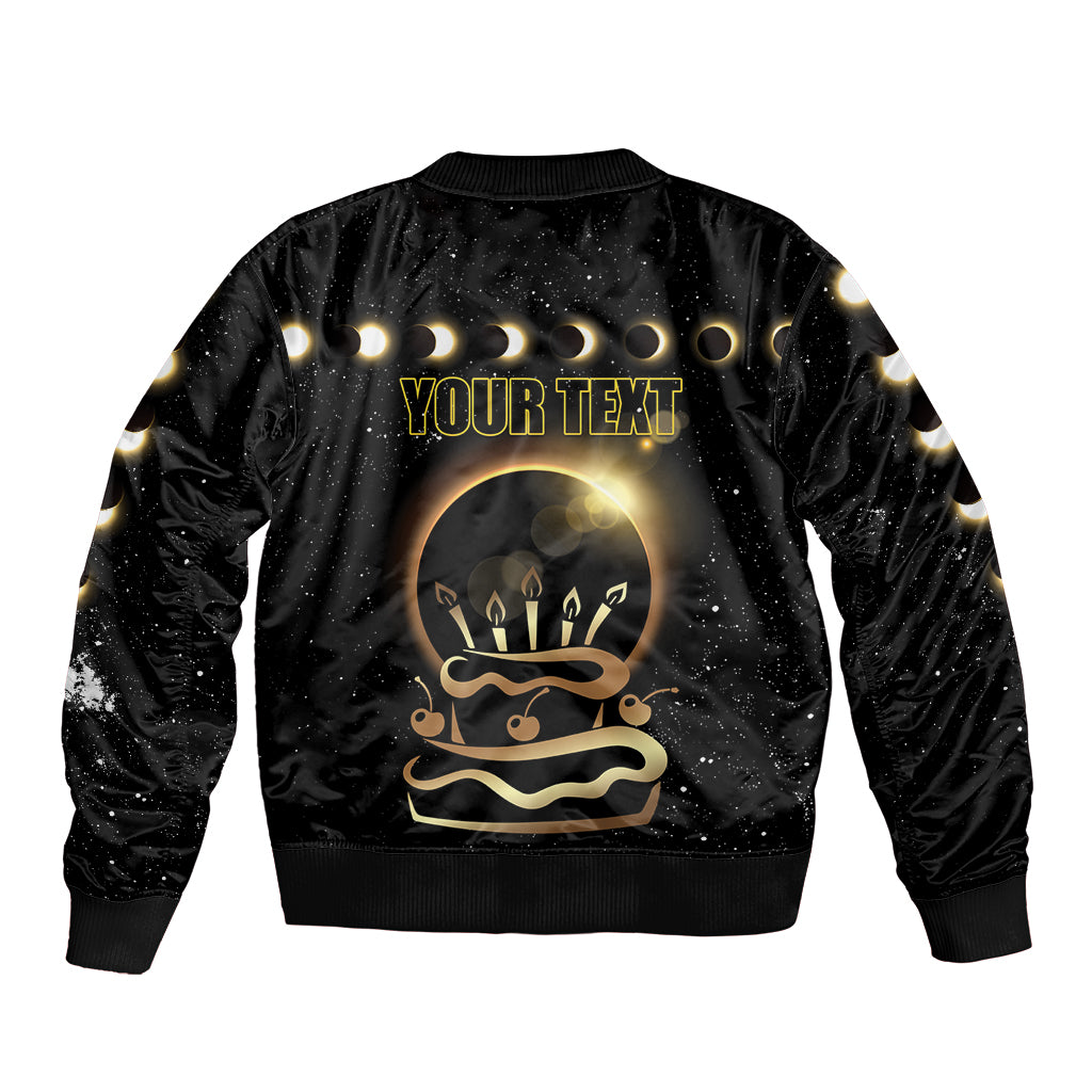 Black bomber jacket back with starry eclipse 'YOUR TEXT' placeholder graphic