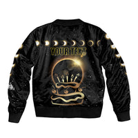 Black bomber jacket back with starry eclipse 'YOUR TEXT' placeholder graphic