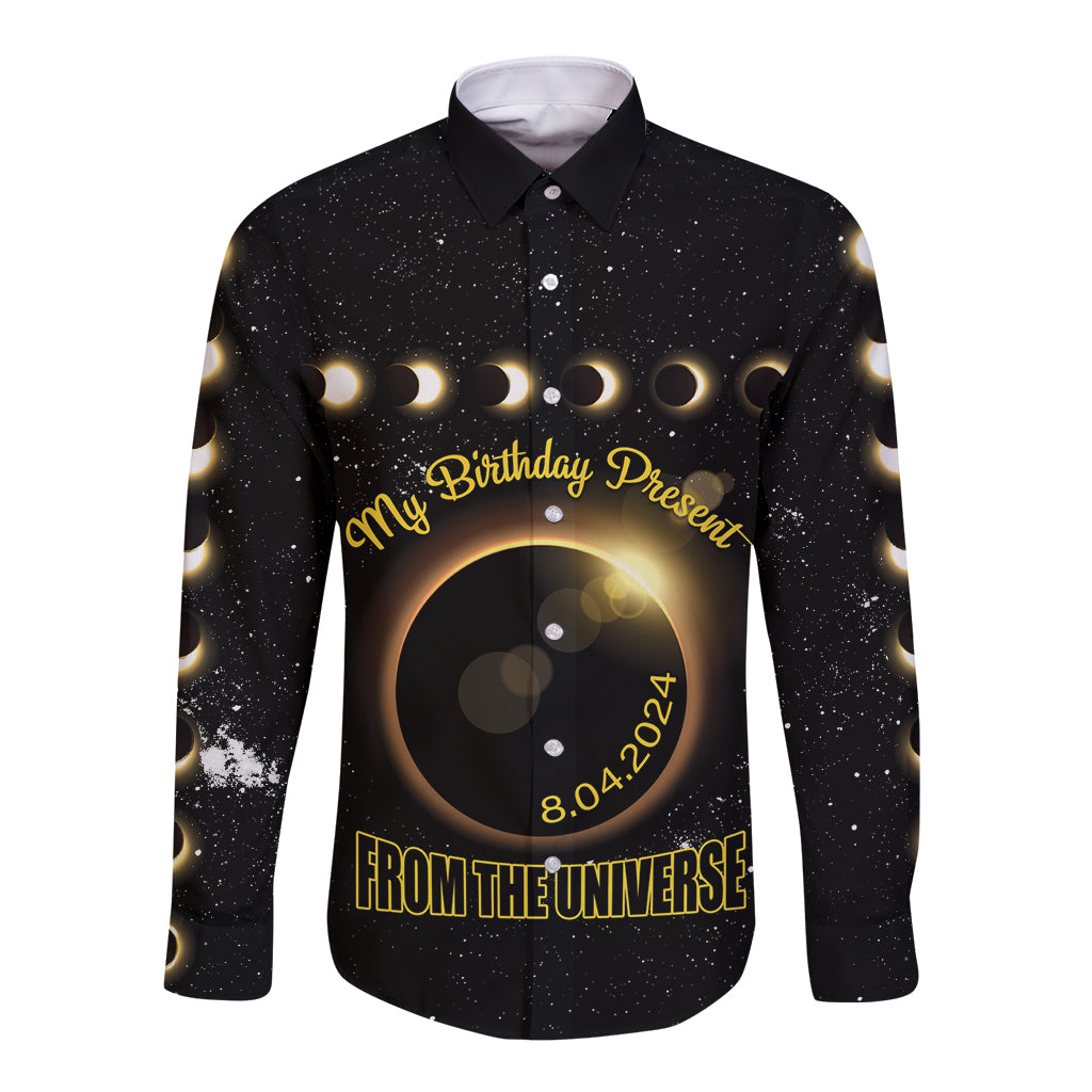 Black long-sleeve button shirt with front birthday graphic, eclipse, date 8.04.2024