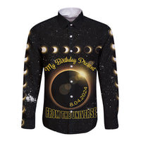 Black long-sleeve button shirt with front birthday graphic, eclipse, date 8.04.2024