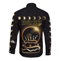 Black long-sleeve button shirt back graphic: “YOUR TEXT”, eclipse, candles