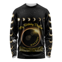 Black unisex long sleeve shirt with solar eclipse graphic, “My Birthday Present” and 8.04.2024