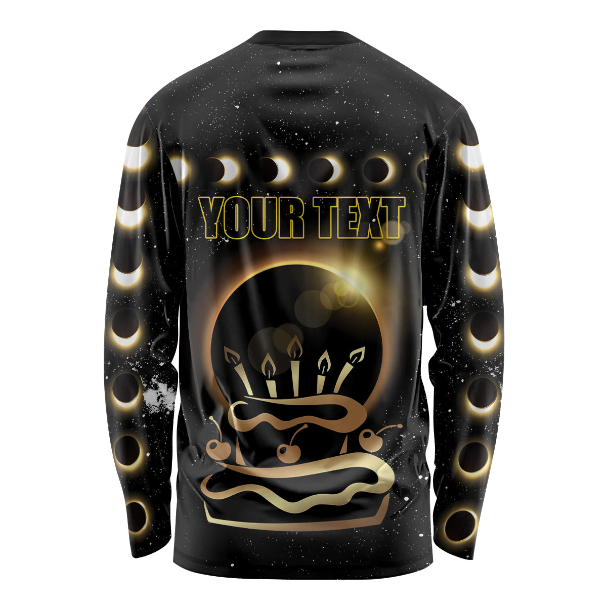 Black unisex long sleeve shirt with solar eclipse graphic, “YOUR TEXT” and crown design
