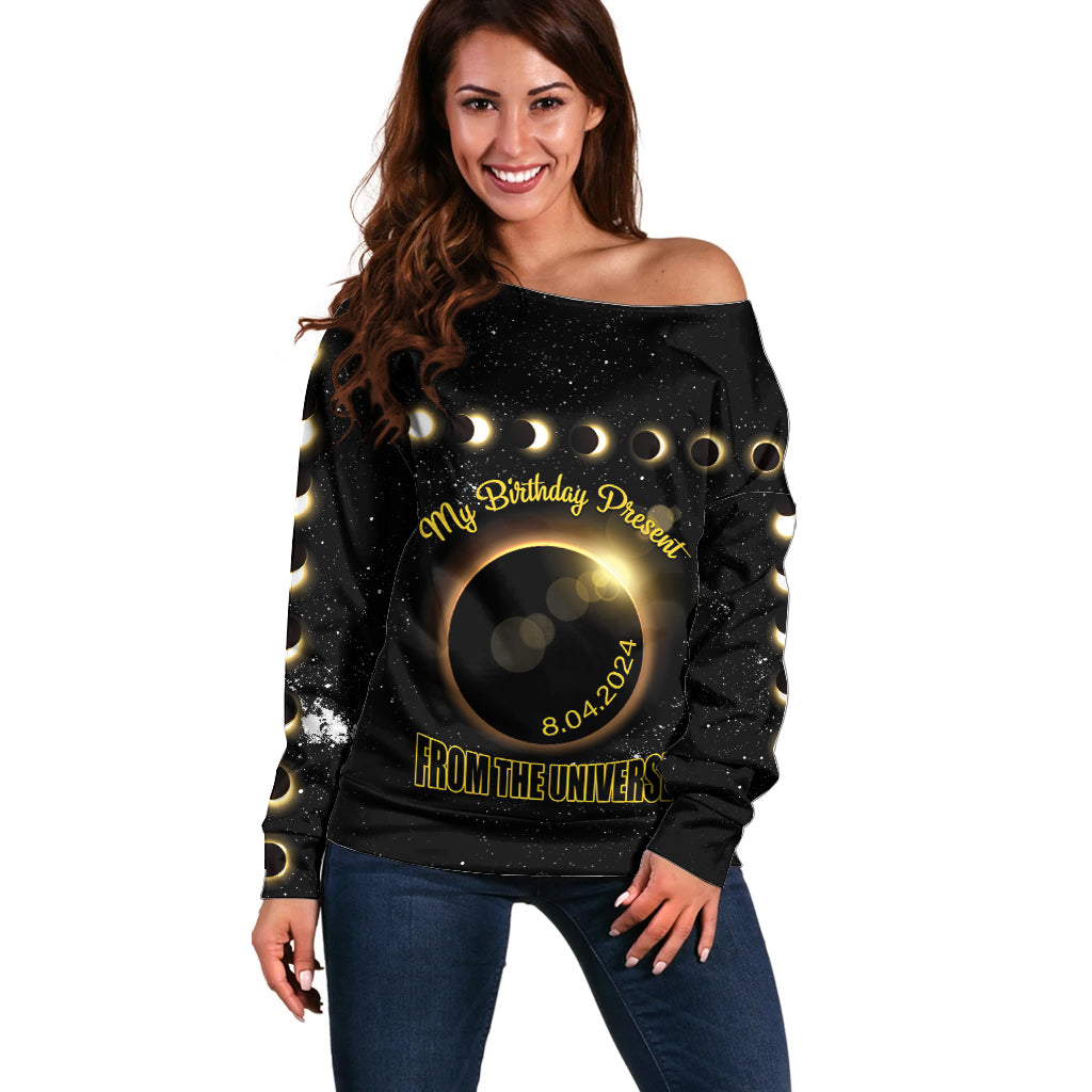 Personalized Total Solar Eclipse 2024 Off Shoulder Sweater My Birthday Present From The Universe - Wonder Print Shop