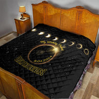 Black quilt with diamond stitching, golden eclipse design, 'My Birthday Present' and 'From the Universe'