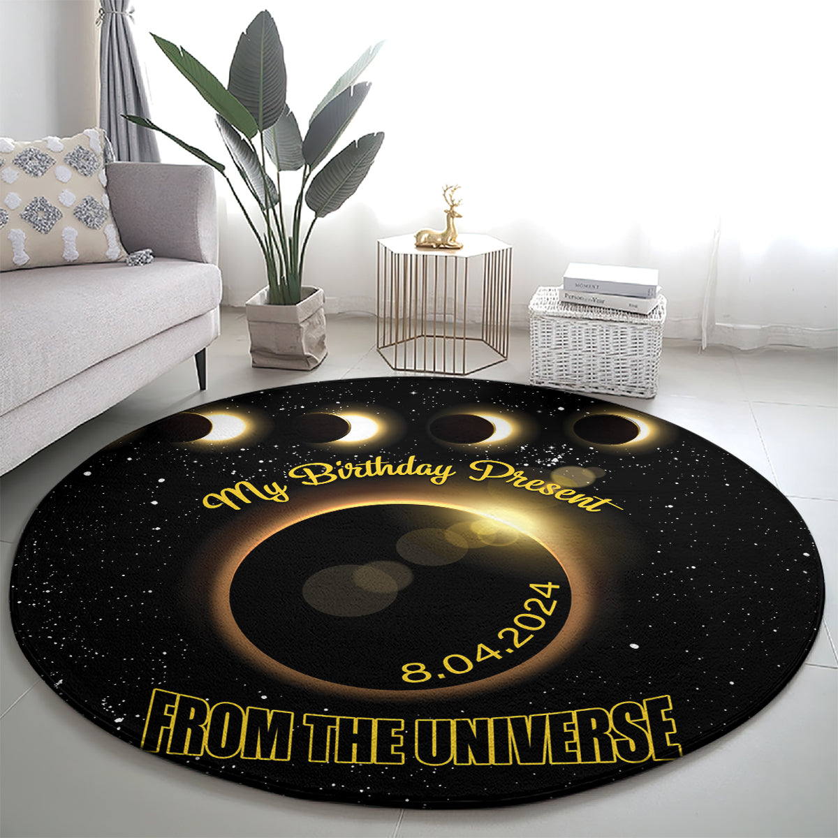 Black round eclipse birthday carpet with gold text 'From the Universe' and 8.04.2024