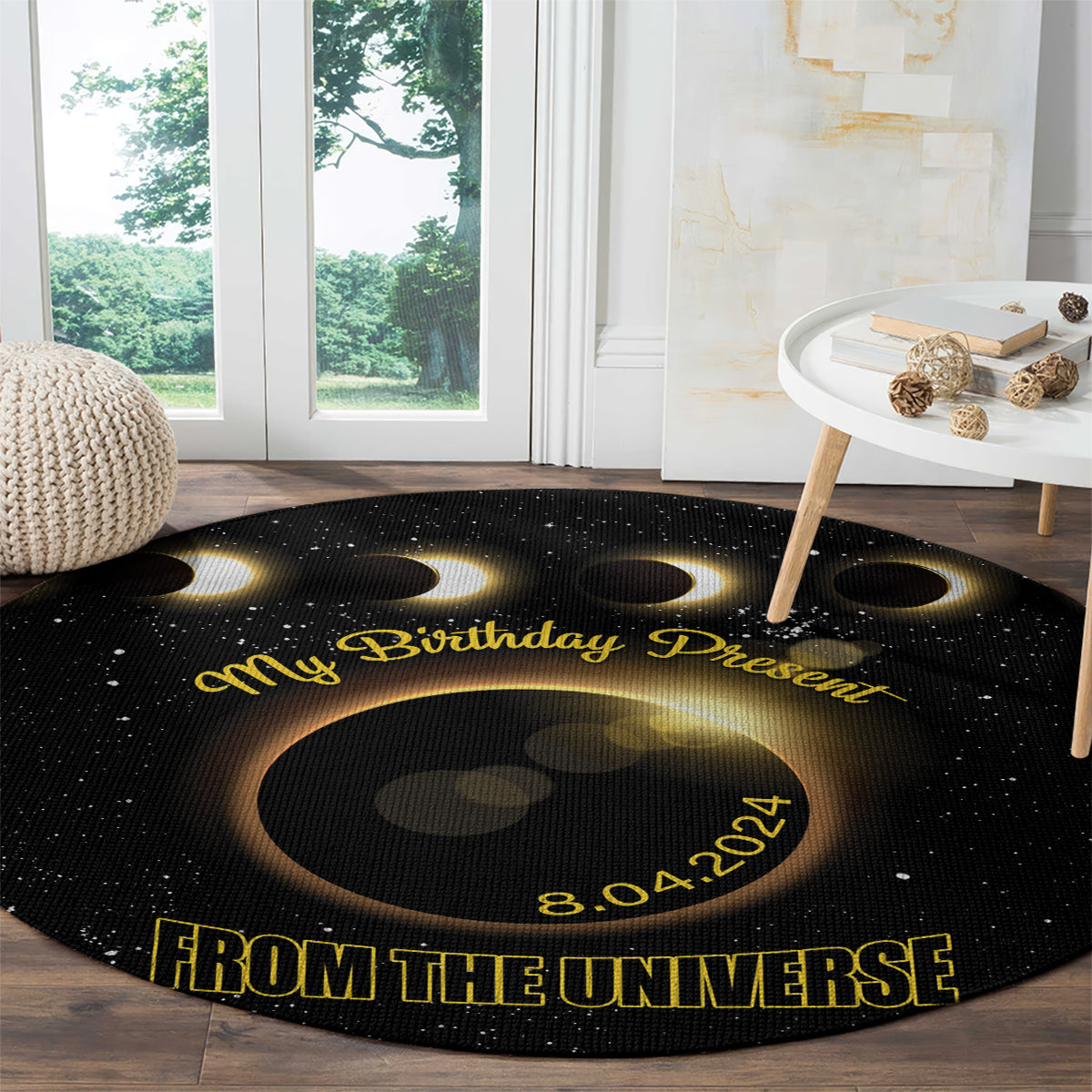 Black round eclipse birthday carpet featuring 'From the Universe' and 8.04.2024