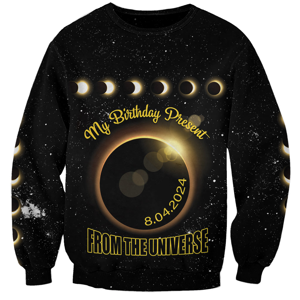 Black unisex sweatshirt with gold solar eclipse graphic, 8.04.2024 and birthday text