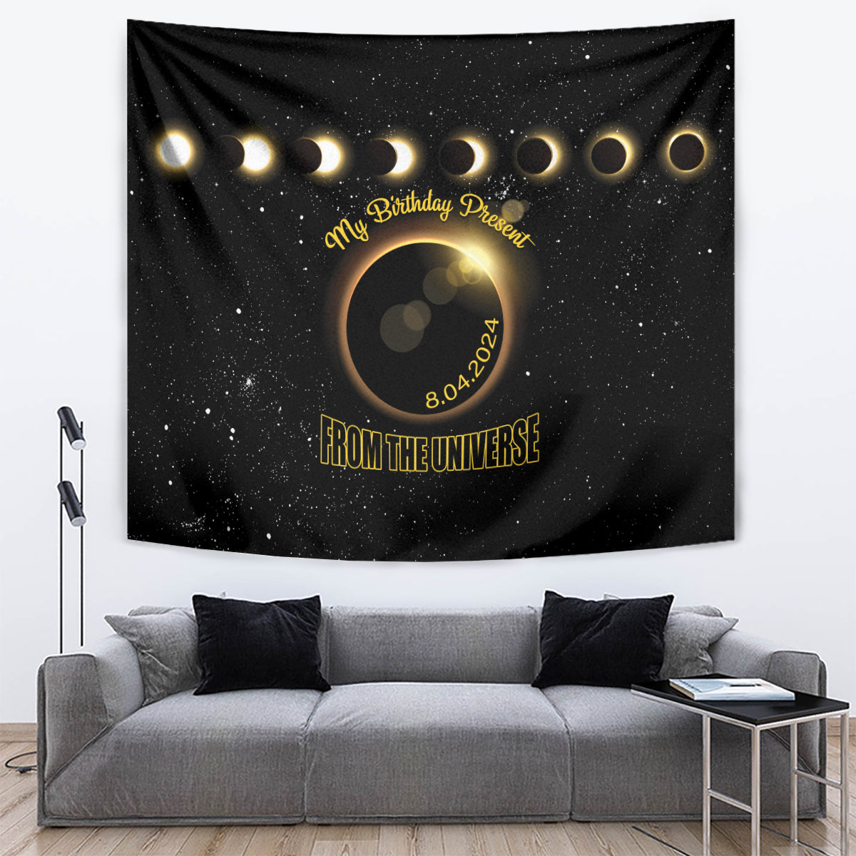 Black eclipse birthday tapestry with gold rings and text design
