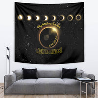 Black eclipse birthday tapestry with gold rings and text design