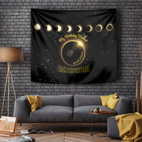 Black starry eclipse tapestry with golden ring light row and birthday text